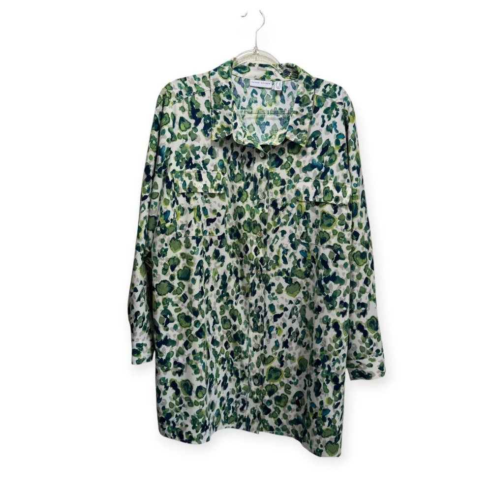 Susan Graver Lagenlook Button Up Watercolor Pocket Tunic 2X Green Long Sleeve